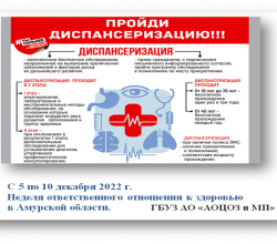 С 5 по 10 декабря 2022 года проходит Неделя ответственного отношения к здоровью в Амурской области (популяризации диспансеризации и профилактических осмотров).   